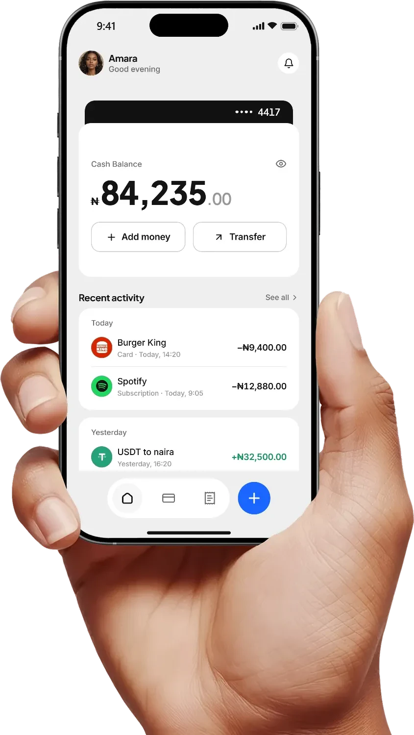 A hand holding a phone showing the Zend app home screen