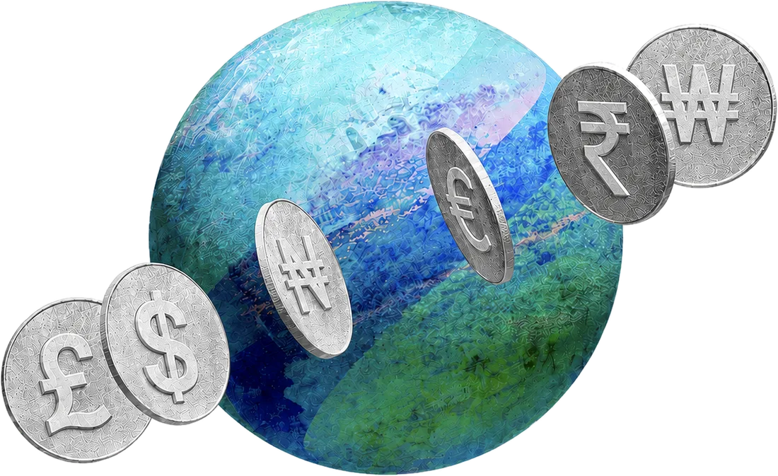 A globe ringed by silver coins marked with the pound, dollar, naira, euro, rupee and won